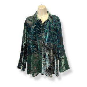 Chico's Design Silk Velvet Burnout Tunic Blouse Patchwork Sheer Boho Top 3 XL
